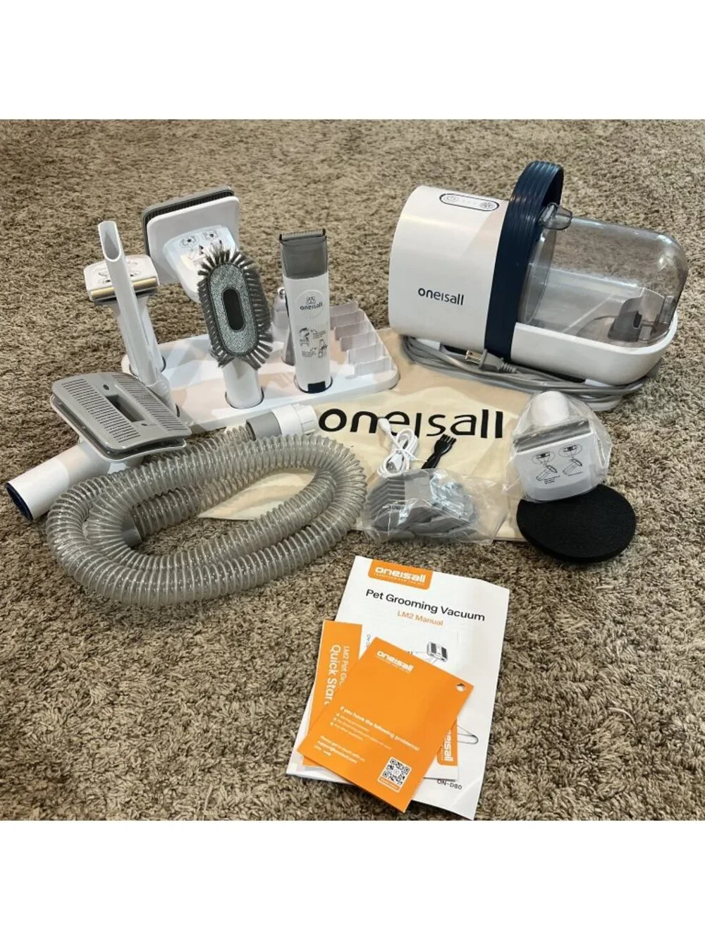 Oneisall 7-in-1 Dog Grooming Vacuum Kit with Clipper, Nail Grinder, 1.5L